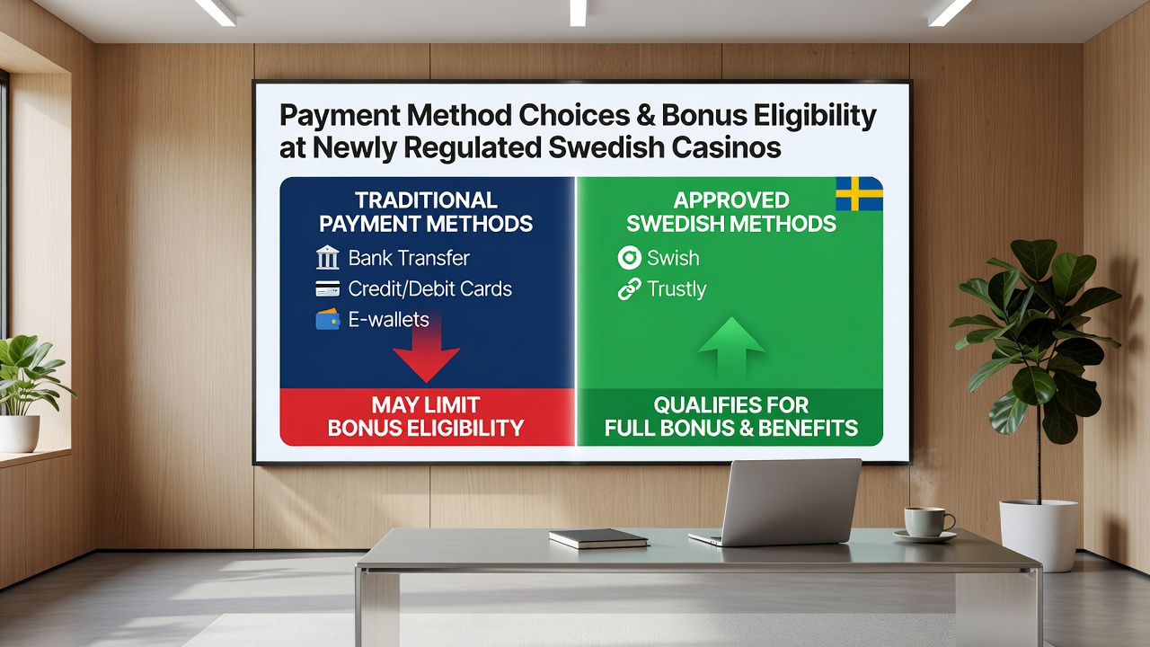 Comparison chart showing approved payment methods and associated bonus eligibility status at regulated Swedish casino sites